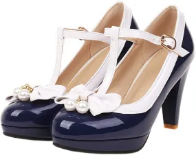 SHEMEE Women's T-Strap Buckle Patent Leather Mary Jane Pumps Chunky High Heel Platform Round Toe Cute Bow Kawaii Cosplay Shoes