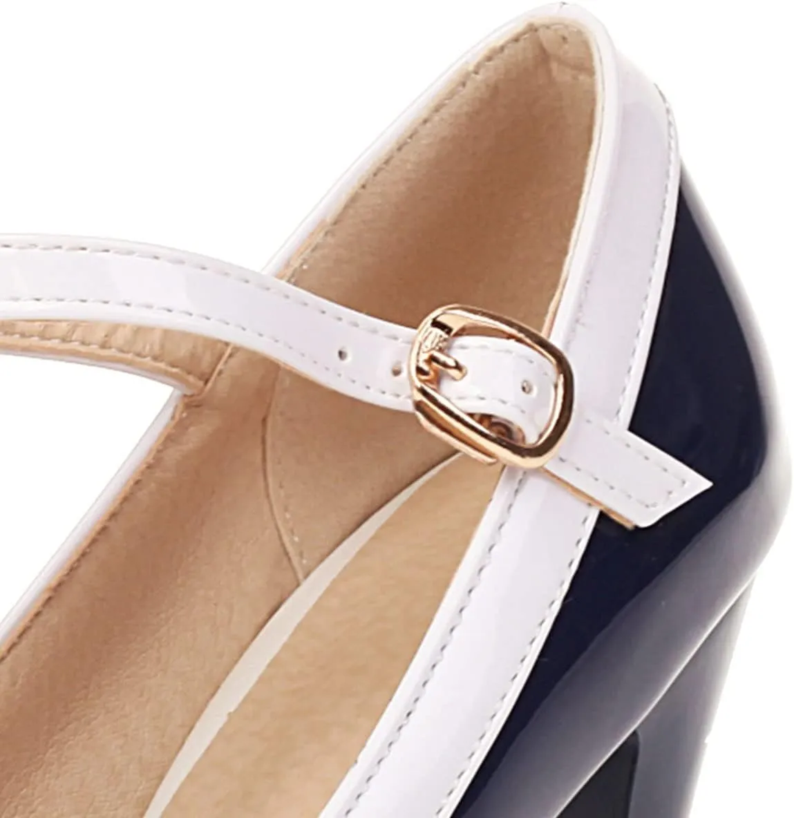 SHEMEE Women's T-Strap Buckle Patent Leather Mary Jane Pumps Chunky High Heel Platform Round Toe Cute Bow Kawaii Cosplay Shoes
