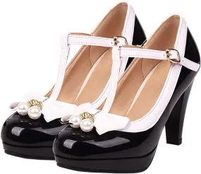 SHEMEE Women's T-Strap Buckle Patent Leather Mary Jane Pumps Chunky High Heel Platform Round Toe Cute Bow Kawaii Cosplay Shoes