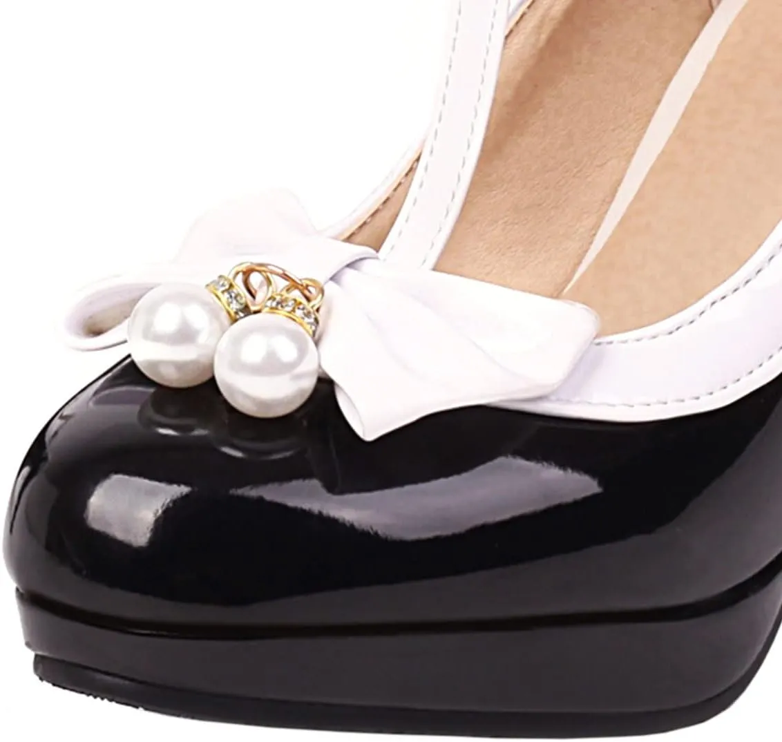 SHEMEE Women's T-Strap Buckle Patent Leather Mary Jane Pumps Chunky High Heel Platform Round Toe Cute Bow Kawaii Cosplay Shoes