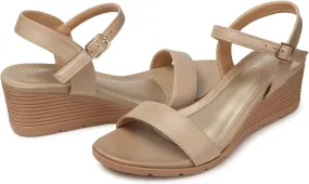 SHIBEVER Womens Sandals Wedge Comfortable: Buckle Ankle Strap Wedge Sandal - Nude Sandals Women - Dressy Summer Size 11
