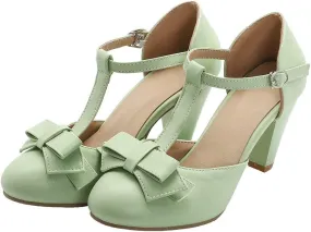 Shinelly Women Rockabilly Sweet T-Strap Cone Heel Mary Janes Adorable Round Toe Pumps with Bows