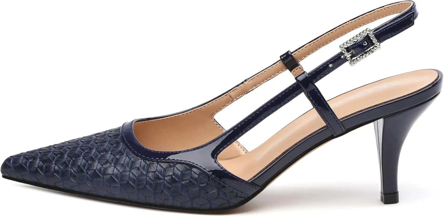 Slingback Heels for Women Closed Pointed Toe Kitten Heels Pumps Shoes Embossed Woven Dress Party Office Shoes 2.5 Inch
