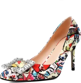 Soireelady Womens High Heel Rhinestone Crystal Pumps Closed Pointed Toe Stiletto Heels Slip On Wedding Evening Dress Shoes 3.5 Inch
