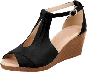 Summer Wedge Sandals for Women Leather Platform Wedge Orthopedic Sandals with Ankle Strap Fish Mouth Hollow Shoes Casual Thick Sole Walking Sandal Boho Summer Beach Sandal Ladies Shoes 2025