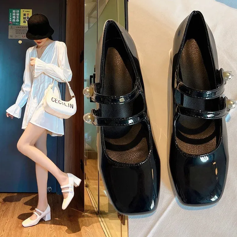 TAVIMART  -  Nude Patent Leather Mary Janes Shoes Retro Square Toe Chunky Heeled Buckle Strap High Heels Fashion Small Leather Ladies Pumps