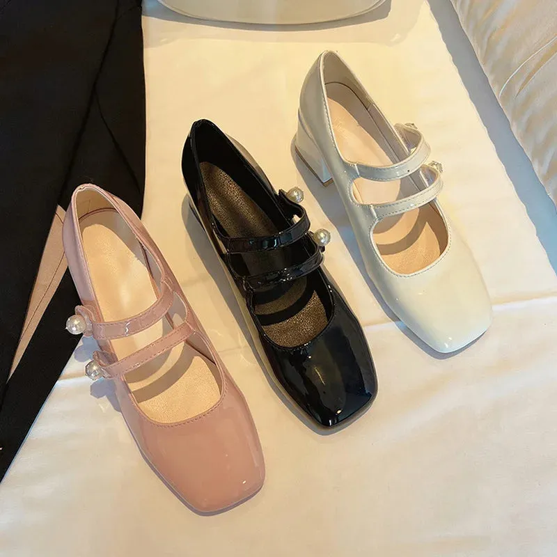 TAVIMART  -  Nude Patent Leather Mary Janes Shoes Retro Square Toe Chunky Heeled Buckle Strap High Heels Fashion Small Leather Ladies Pumps