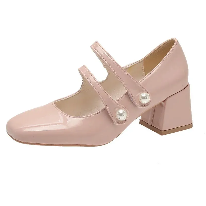 TAVIMART  -  Nude Patent Leather Mary Janes Shoes Retro Square Toe Chunky Heeled Buckle Strap High Heels Fashion Small Leather Ladies Pumps