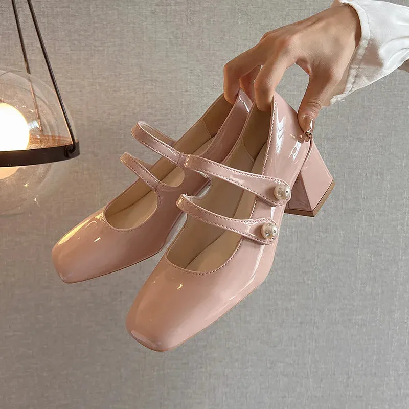 TAVIMART  -  Nude Patent Leather Mary Janes Shoes Retro Square Toe Chunky Heeled Buckle Strap High Heels Fashion Small Leather Ladies Pumps