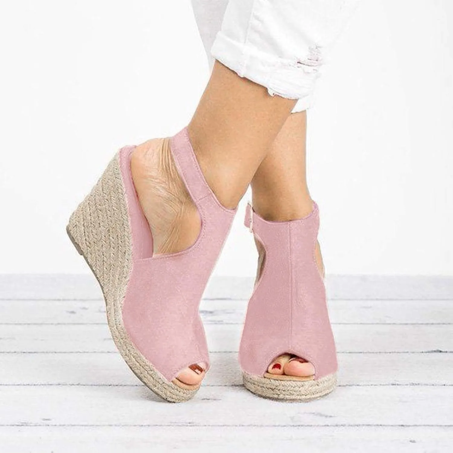 Wedge Sandals for Women, Women's Platform Sandals Buckle Ankle Strap Open Toe Espadrilles Wedge Heels Sandals Wedge Shoes Casual Summer Beach Sandals (A/Pink, 8.5)