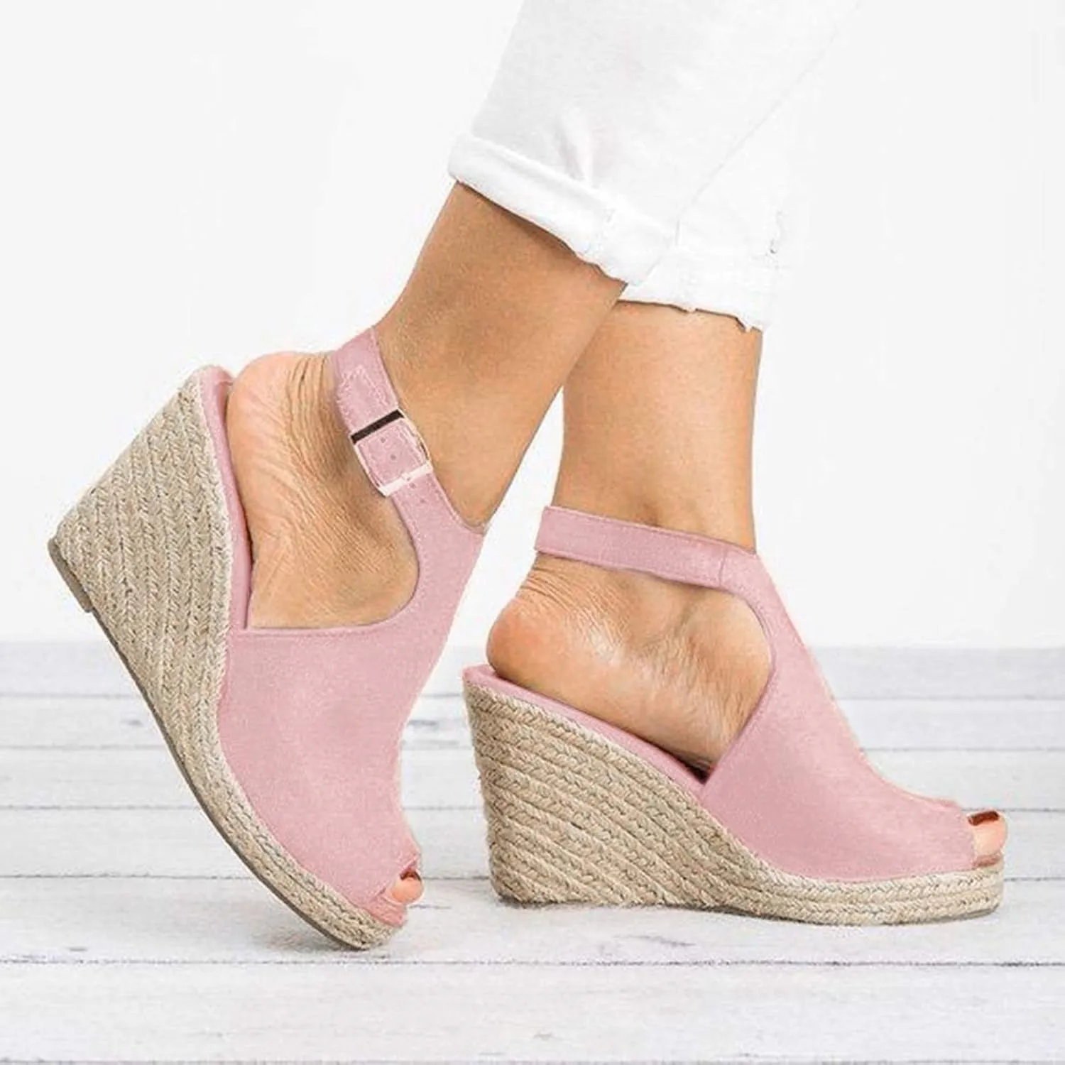 Wedge Sandals for Women, Women's Platform Sandals Buckle Ankle Strap Open Toe Espadrilles Wedge Heels Sandals Wedge Shoes Casual Summer Beach Sandals (A/Pink, 8.5)