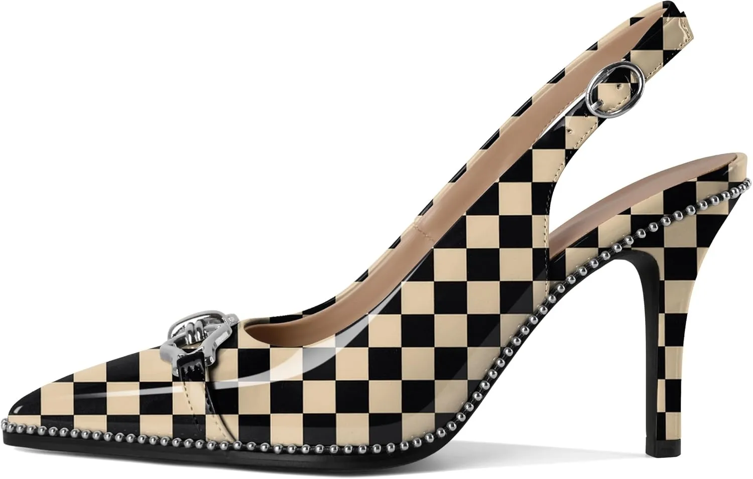Women Slingback Pumps Pointed Toe Stiletto High Heels Beaded Heels 3.4 Inches Dress Pumps Shoes