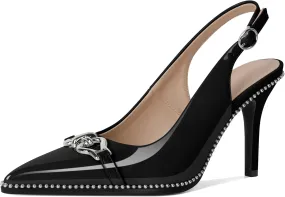Women Slingback Pumps Pointed Toe Stiletto High Heels Beaded Heels 3.4 Inches Dress Pumps Shoes