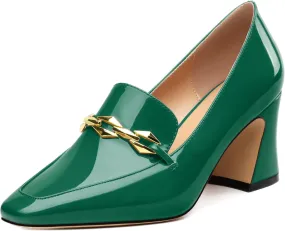 Womens Chunky Block Mid Heel,Patent Square Toe Pumps Slip-on Loafers Shoes Office Basic Classic Shoes 2.5IN