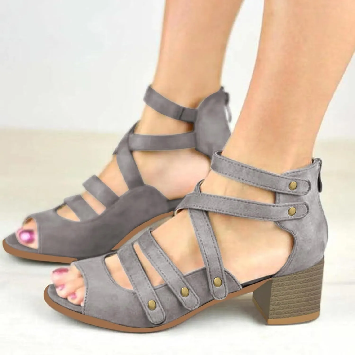 Women's Cutout Open Toe Block Chunky Heel Sandals Fish Mouth Back Zipper Open Toe Pumps Slip On Dress Part Shoes