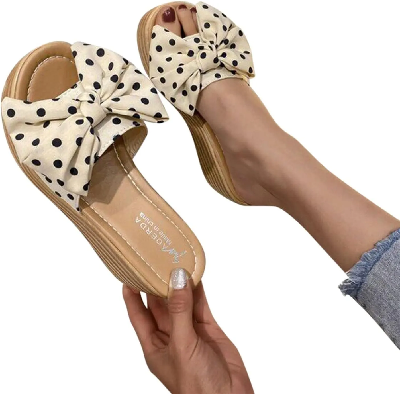 Women's Wedge Platform Sandals Fashion Polka Dot Bow Slippers Summer Slides Beach Vacation Walking Shoes Flat Sandals for Women Casual & Dressy Summer Shoes