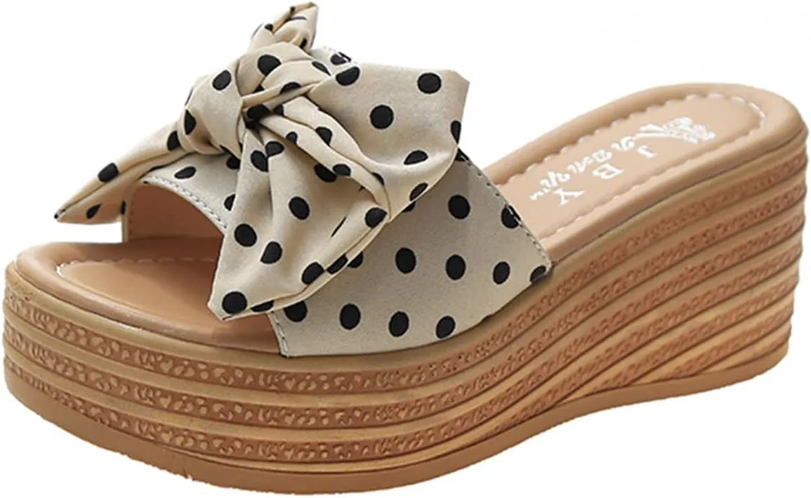 Women's Wedge Platform Sandals Fashion Polka Dot Bow Slippers Summer Slides Beach Vacation Walking Shoes Flat Sandals for Women Casual & Dressy Summer Shoes