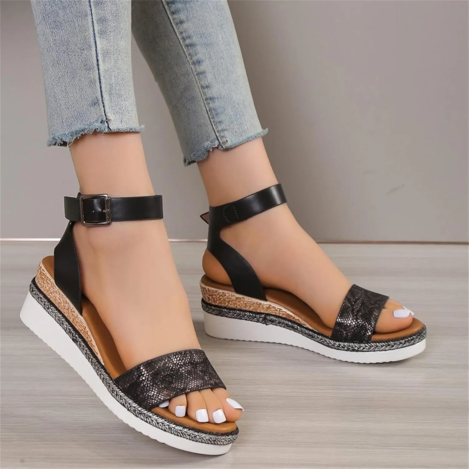 Women's Wedge Sandals Comfortable Dressy Casual Low Heel Slides Platform Sandals Open Toe Slingback Walking Shoes with Adjustable Ankle Strap Metal Buckle