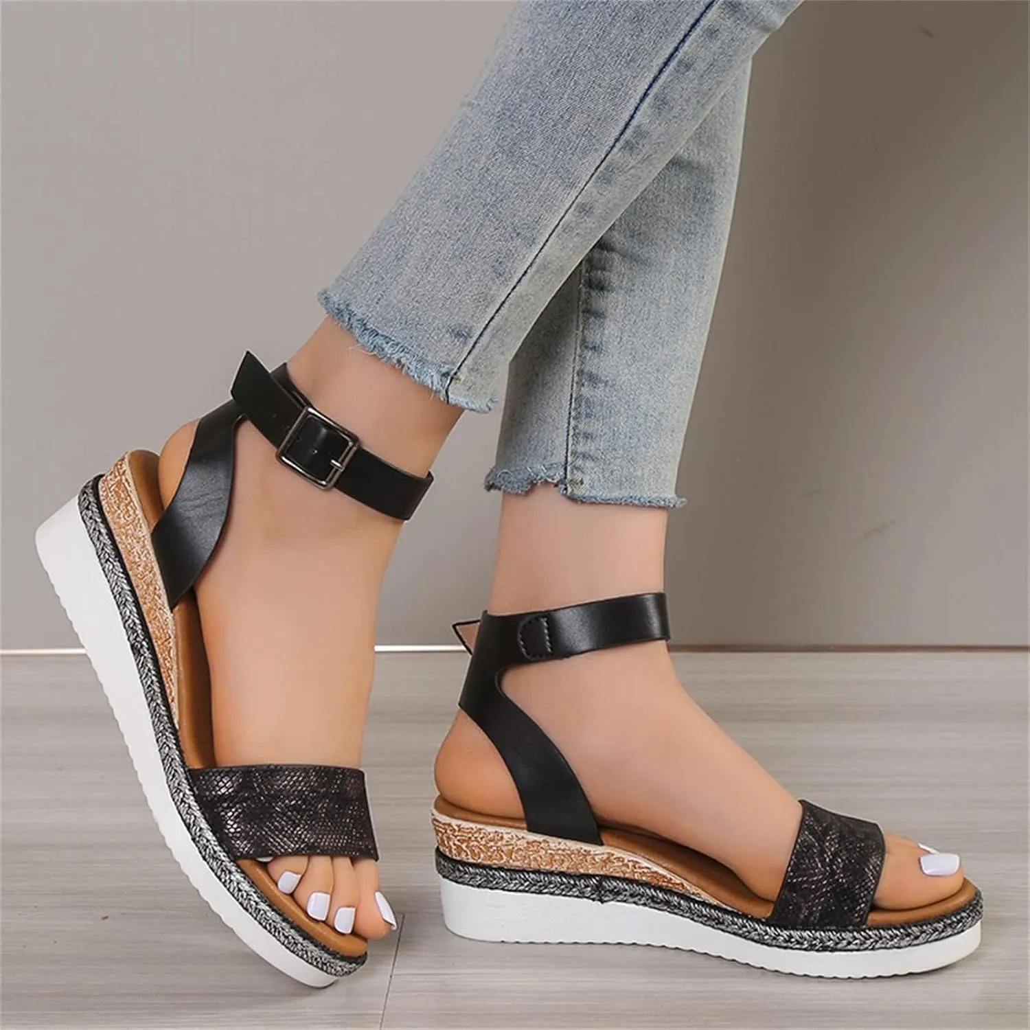 Women's Wedge Sandals Comfortable Dressy Casual Low Heel Slides Platform Sandals Open Toe Slingback Walking Shoes with Adjustable Ankle Strap Metal Buckle
