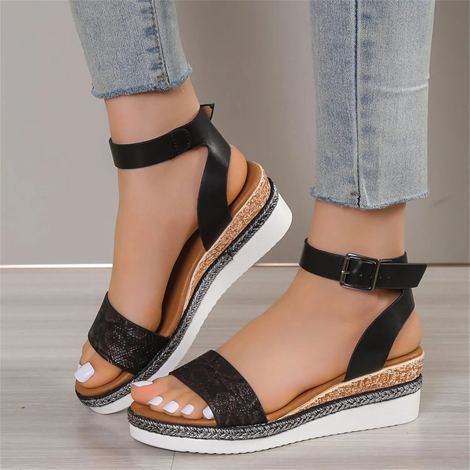 Women's Wedge Sandals Comfortable Dressy Casual Low Heel Slides Platform Sandals Open Toe Slingback Walking Shoes with Adjustable Ankle Strap Metal Buckle